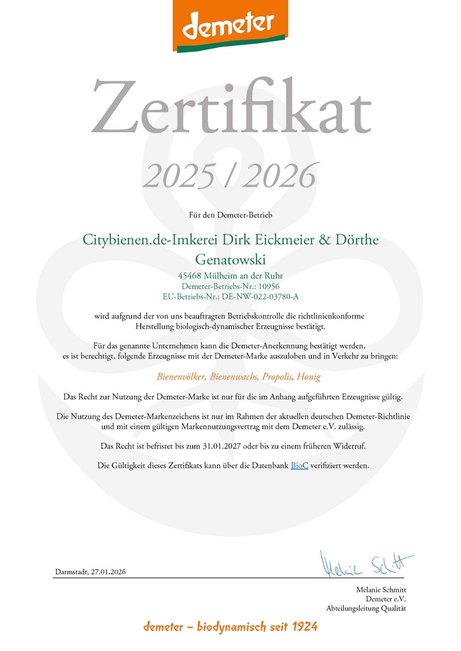 Zertifikat 2025 / 2026 Für den Demeter-Betrieb Citybienen.de-Imkerei Dirk Eickmeier & Dörthe Genatowski